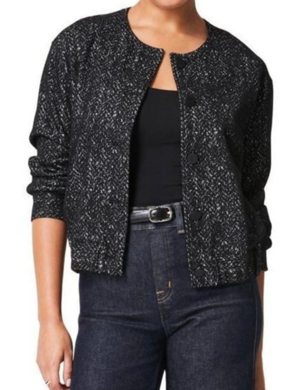 Spanx Ponte Bomber Herringbone Jacket Black New With Tags Size LARGE